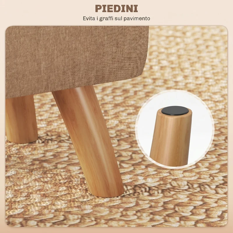 Pouf Poggiapiedi 27x27x26 cm Gambe in Legno di Caucciù Portata Fino a 110 kg in Tessuto Effetto Lino Marrone
