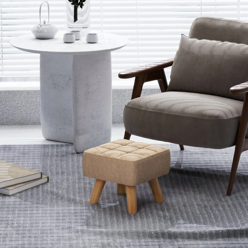 Pouf Poggiapiedi 27x27x26 cm Gambe in Legno di Caucciù Portata Fino a 110 kg in Tessuto Effetto Lino Marrone