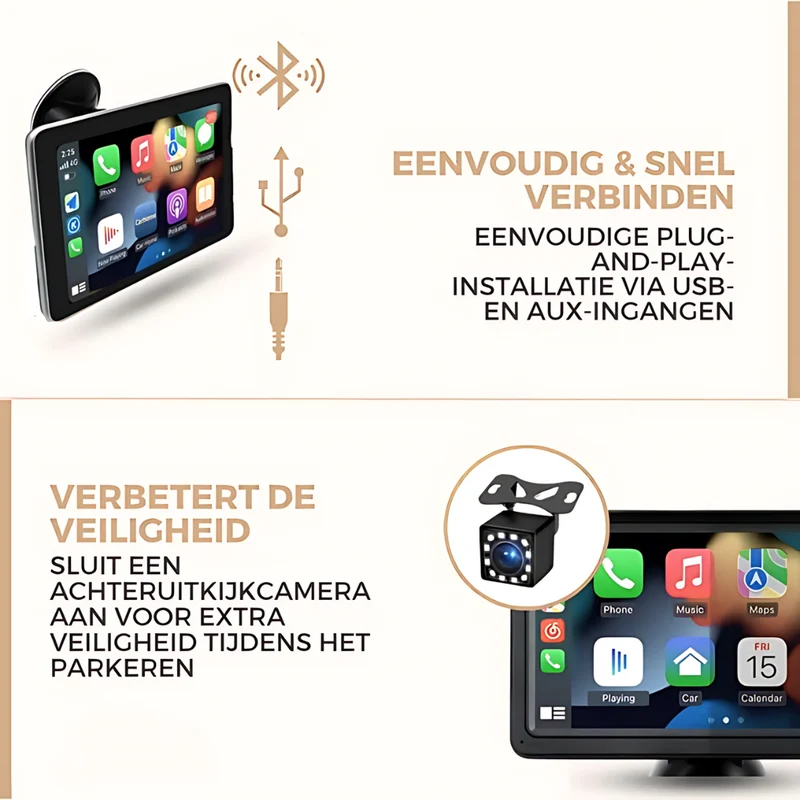 Apple CarPlay Scherm – draadloos Android Auto touchscreen met achteruitrijcamera