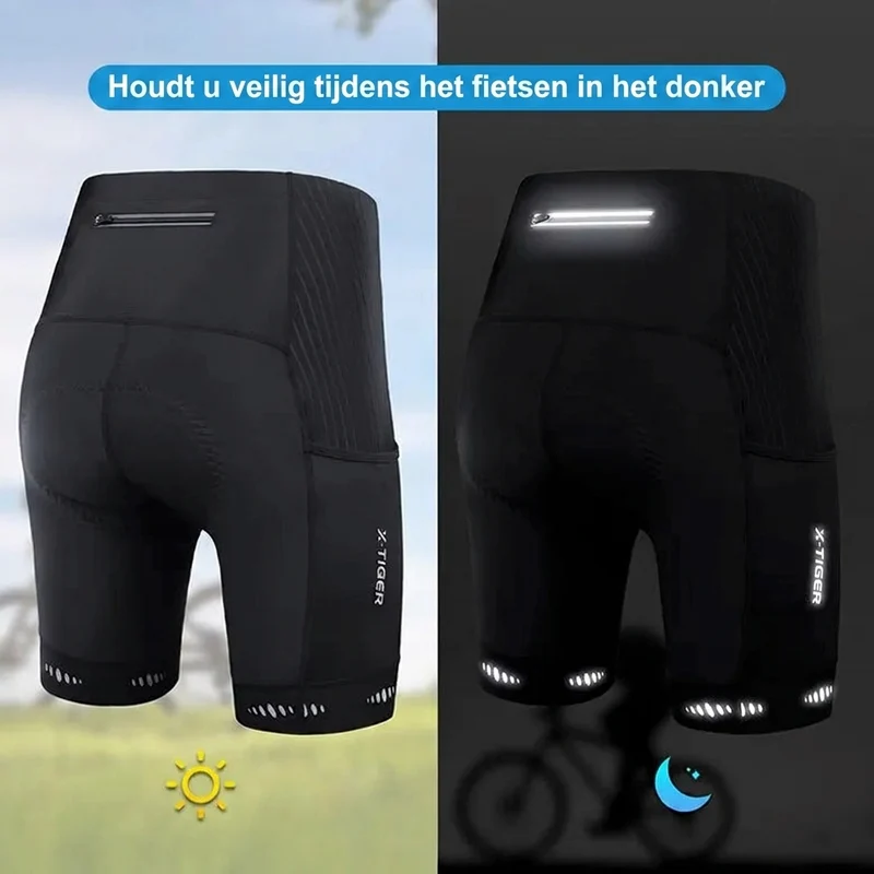 Fietsbroek Heren – 5D gel zeem wielrenbroek met telefoonzak en reflectie