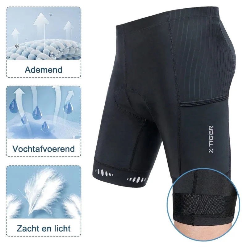 Fietsbroek Heren – 5D gel zeem wielrenbroek met telefoonzak en reflectie