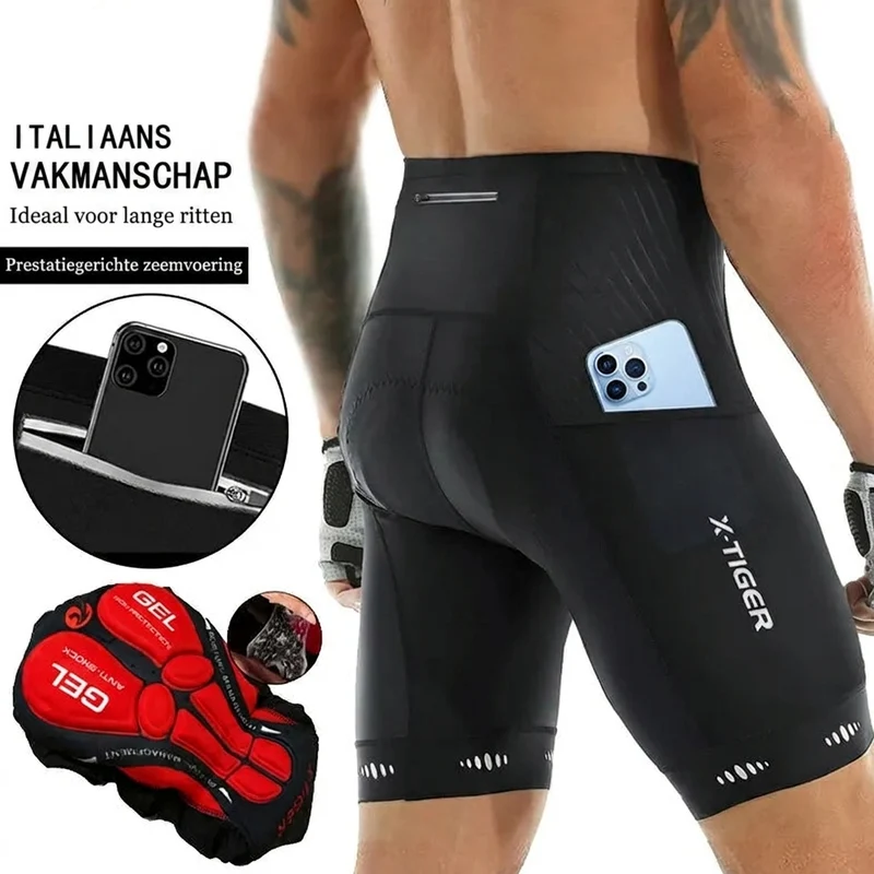 Fietsbroek Heren – 5D gel zeem wielrenbroek met telefoonzak en reflectie