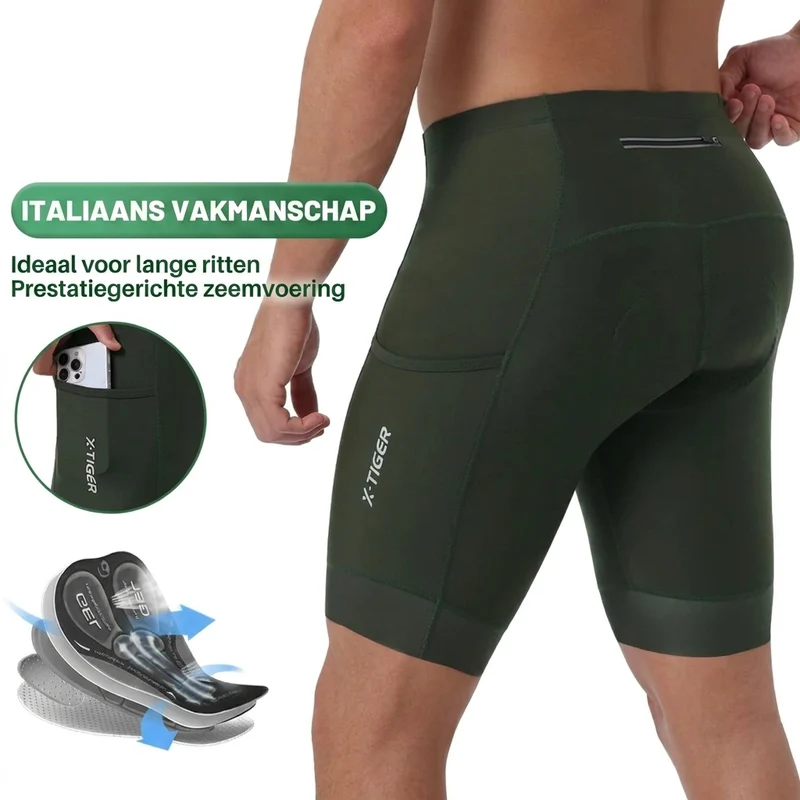 Fietsbroek Heren – 5D gel zeem wielrenbroek met telefoonzak en reflectie