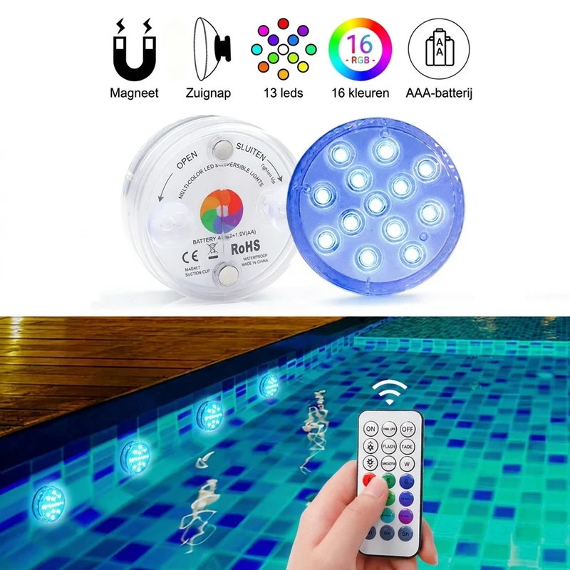 Waterdichte LED Verlichting – IP68 RGB zwembadlamp met 16 kleuren en afstandsbediening