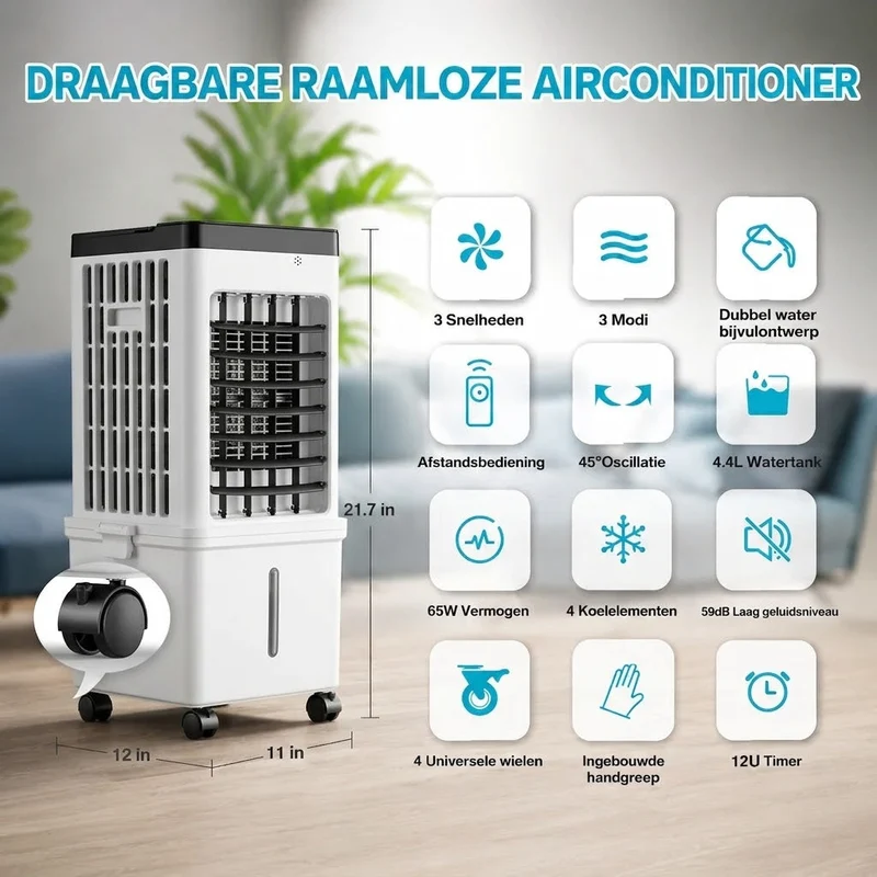 Mobiele Luchtkoeler – zonder afvoerslang met ice packs en 3 standen