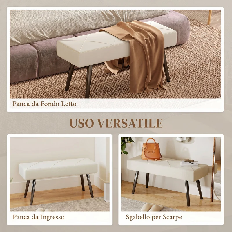 Panca Imbottita per Ingresso e Soggiorno 100x36x45 cm con Gambe in Acciaio in Velluto Crema