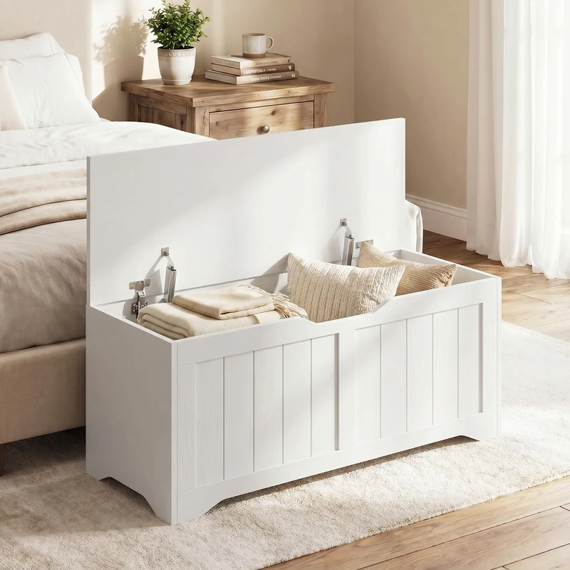 Panca Contenitore 80x40x45 cm con Apertura a Ribalta e Cerniere di Sicurezza in Legno Ingegnerizzato Bianco