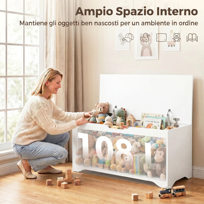 Panca Contenitore 80x40x45 cm con Apertura a Ribalta e Cerniere di Sicurezza in Legno Ingegnerizzato Bianco