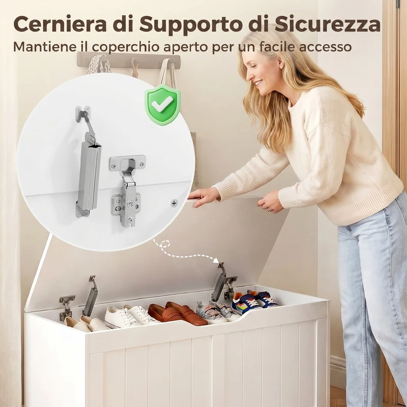 Panca Contenitore 80x40x45 cm con Apertura a Ribalta e Cerniere di Sicurezza in Legno Ingegnerizzato Bianco