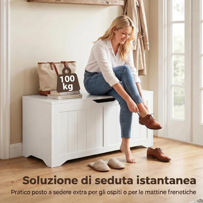 Panca Contenitore 80x40x45 cm con Apertura a Ribalta e Cerniere di Sicurezza in Legno Ingegnerizzato Bianco