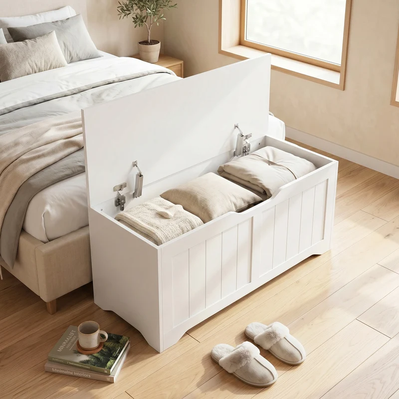 Panca Contenitore 80x40x45 cm con Apertura a Ribalta e Cerniere di Sicurezza in Legno Ingegnerizzato Bianco