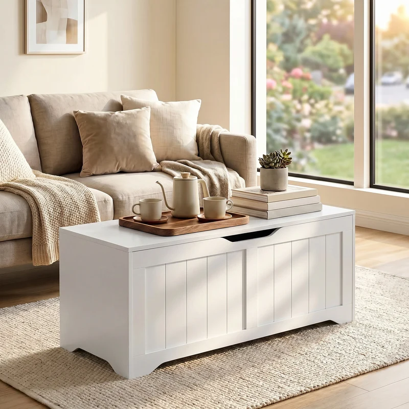 Panca Contenitore 80x40x45 cm con Apertura a Ribalta e Cerniere di Sicurezza in Legno Ingegnerizzato Bianco