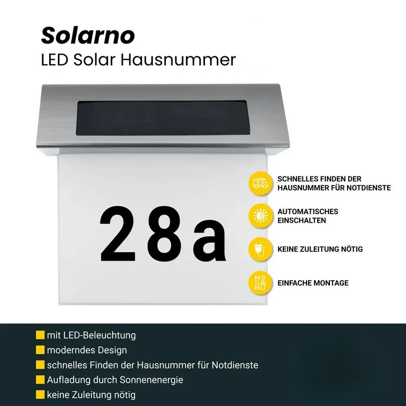 Solar Hausnummer mit LED Beleuchtung ohne Strom aus Edelstahl | Solarno