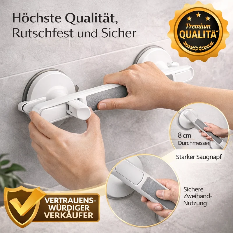 Haltegriff für Dusche, Badewanne oder Toilette | Saugnapf Griff für Senioren ohne Bohren | SeniGrip