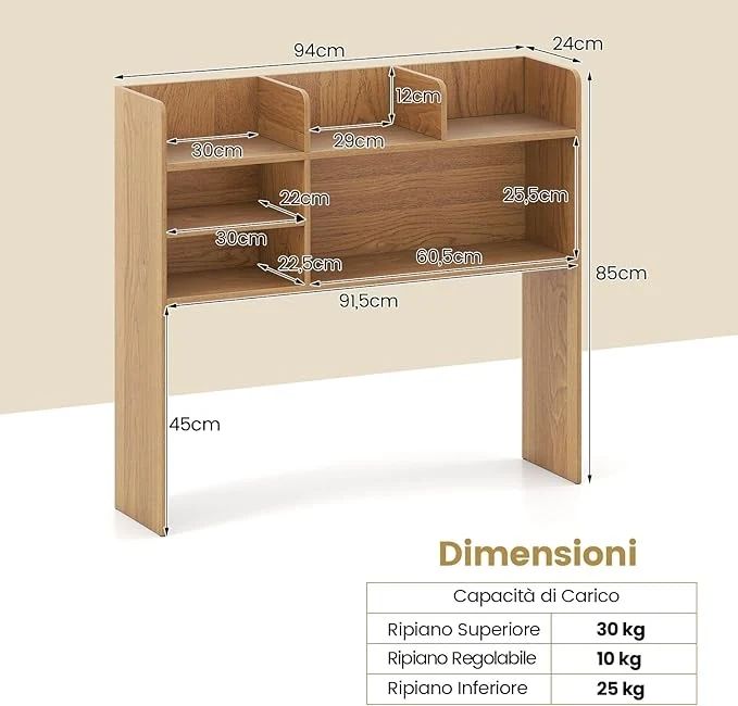 Libreria da Scrivania, Scaffale da Scrivania con 6 Ripiani in Legno, Scomparto Aperto per Monitor 32", Espositore per Dormitori Uffici Studio, 94 x 24 x 85 cm (Naturale)