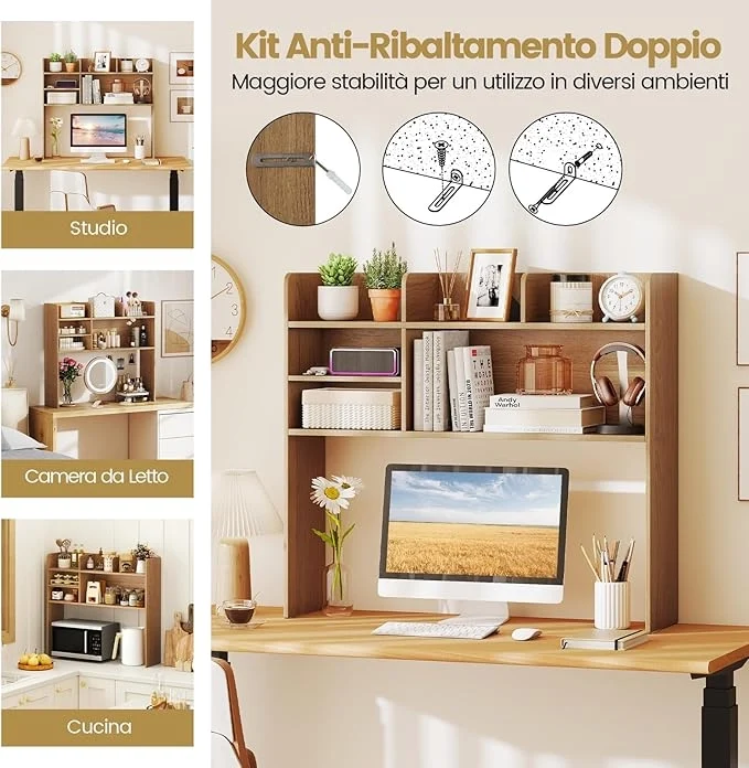 Libreria da Scrivania, Scaffale da Scrivania con 6 Ripiani in Legno, Scomparto Aperto per Monitor 32", Espositore per Dormitori Uffici Studio, 94 x 24 x 85 cm (Naturale)