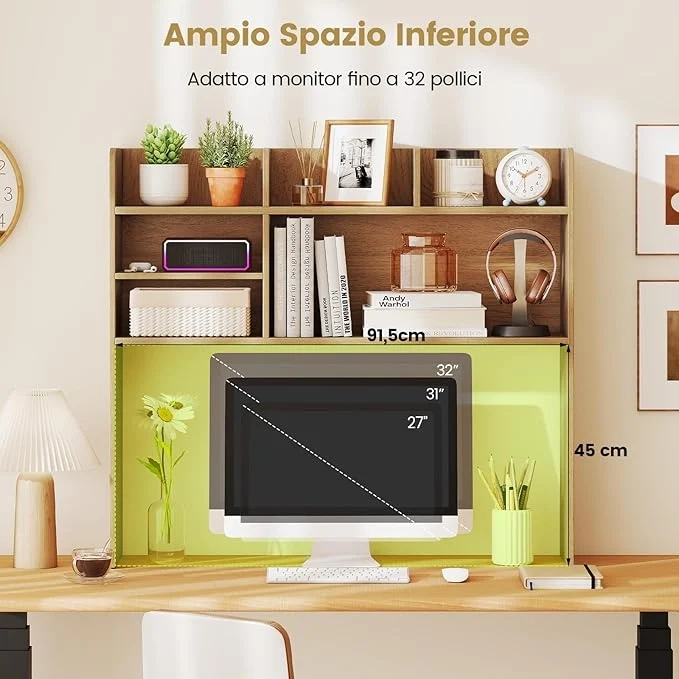 Libreria da Scrivania, Scaffale da Scrivania con 6 Ripiani in Legno, Scomparto Aperto per Monitor 32", Espositore per Dormitori Uffici Studio, 94 x 24 x 85 cm (Naturale)