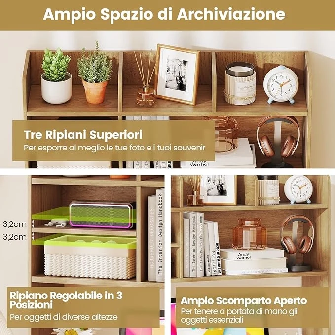 Libreria da Scrivania, Scaffale da Scrivania con 6 Ripiani in Legno, Scomparto Aperto per Monitor 32", Espositore per Dormitori Uffici Studio, 94 x 24 x 85 cm (Naturale)