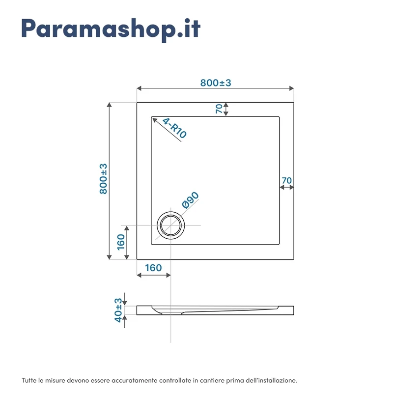 Piatto doccia 80x80 cm bianco lucido bordato in acrilico rinforzato | Asteios