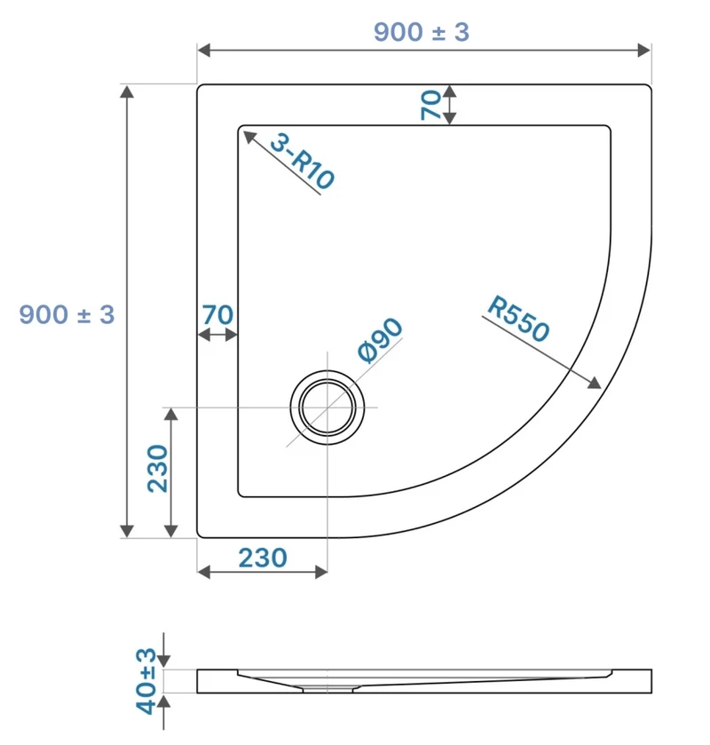 Piatto doccia semicircolare 90x90 cm bianco lucido bordato in acrilico rinforzato | Asteios