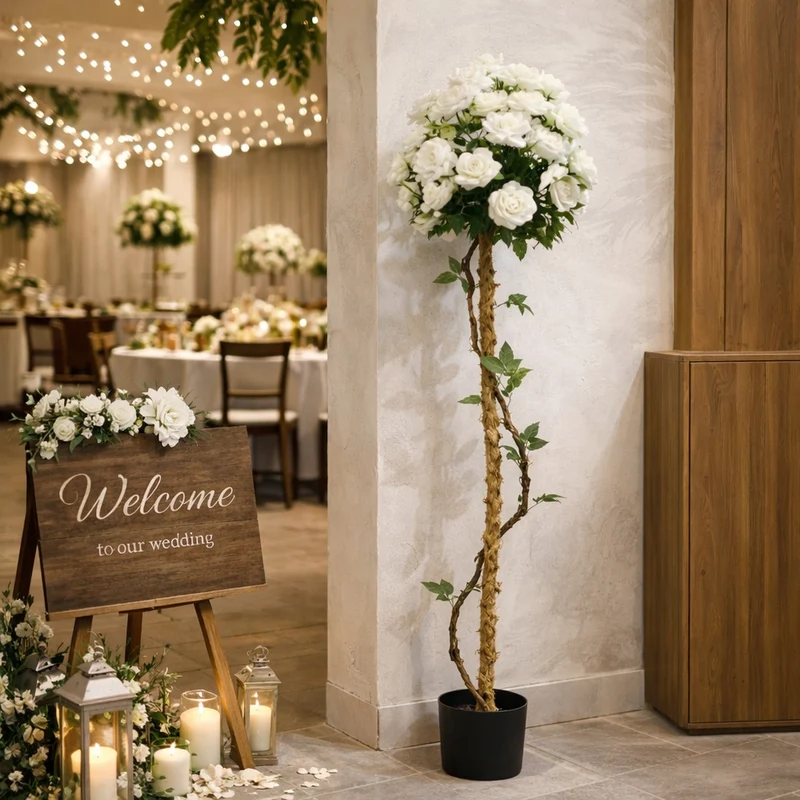 Pianta Composizione Artificiale Rose Bianche 120cm