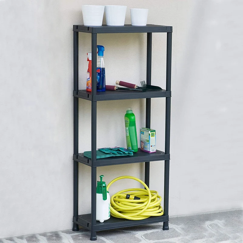 Scaffale a 4 Ripiani Plastica Nera Portata 25 Kg per Ripiano Interno e Esterno