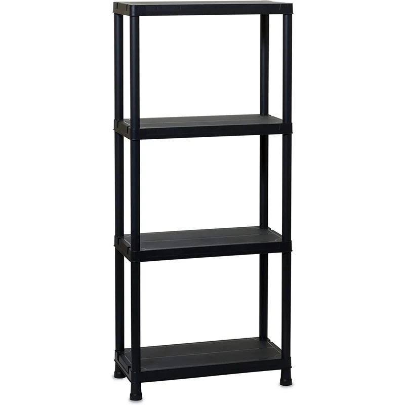 Scaffale a 4 Ripiani Plastica Nera Portata 25 Kg per Ripiano Interno e Esterno
