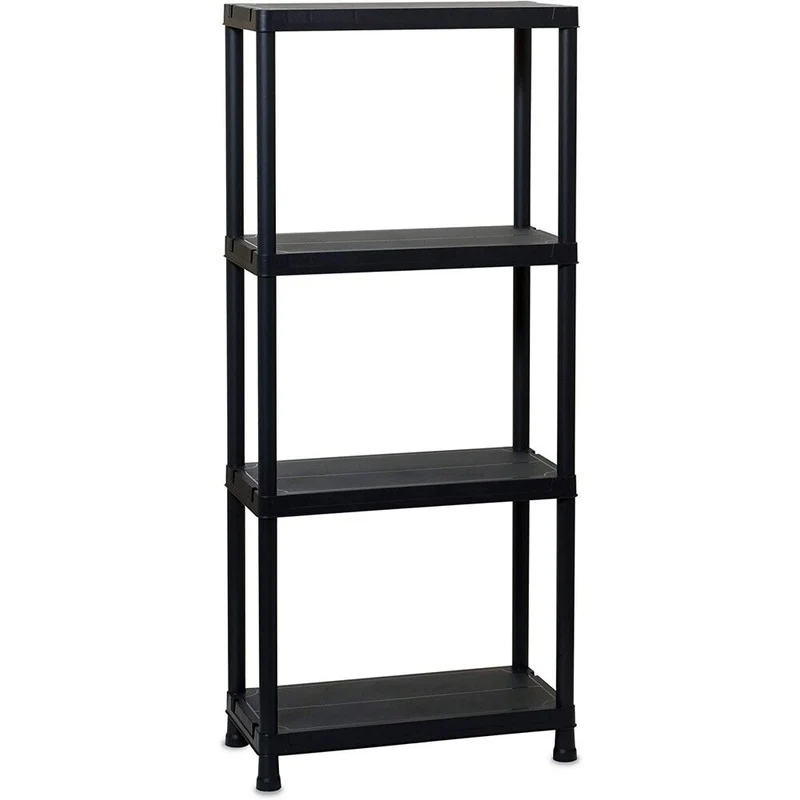 Scaffale a 4 Ripiani Plastica Nera Portata 25 Kg per Ripiano Interno e Esterno