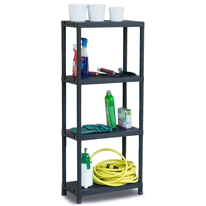 Scaffale a 4 Ripiani Plastica Nera Portata 25 Kg per Ripiano Interno e Esterno
