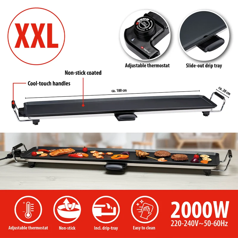 Piastra Grill Griglia Teppanyaki XXL Antiaderente 100x20cm 5 Impostazioni Calore