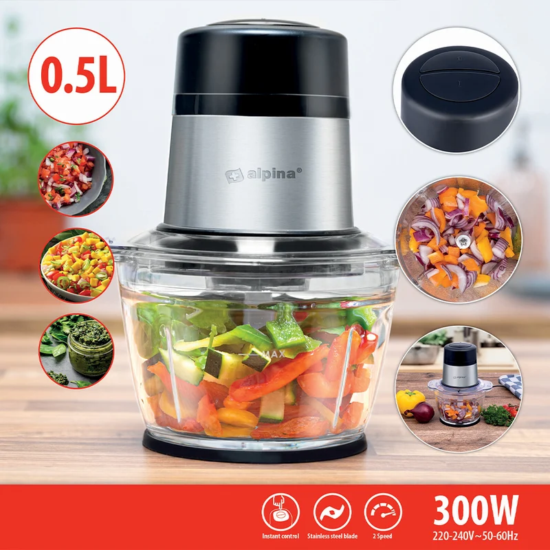 Tritatutto con Ciotola da 0,5 Litri 300Watt 2 Velocità Lame Acciaio Inossidabile