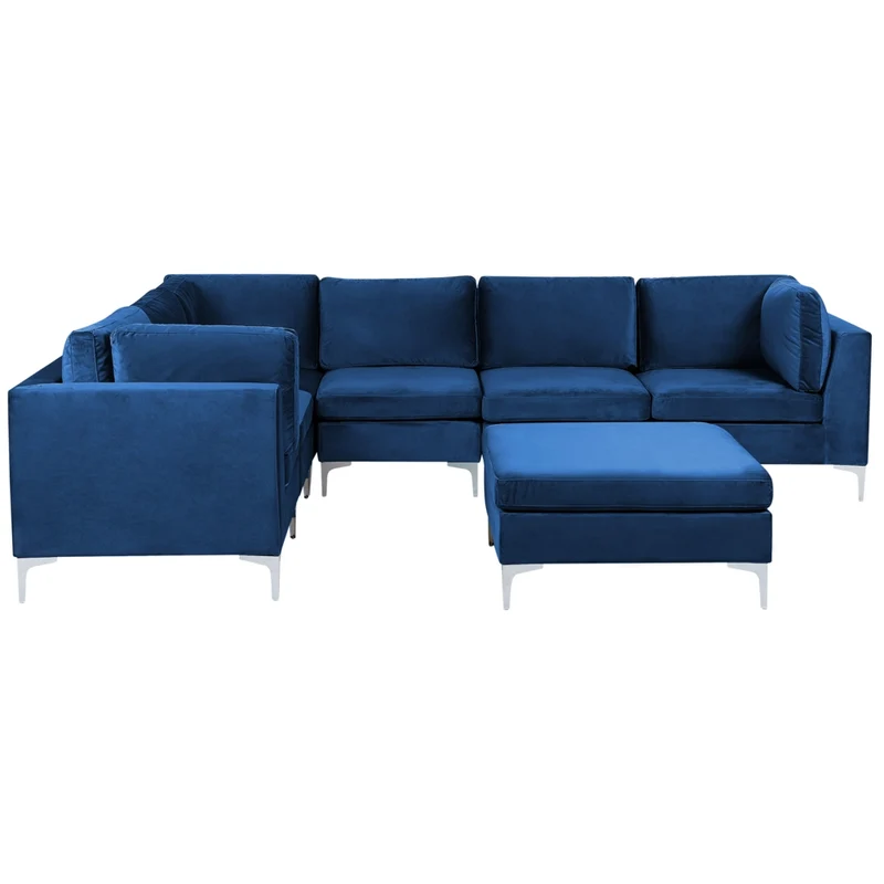 Divano ad angolo modulare versione destra a 6 posti in velluto blu marino con gambe in metallo argentato a forma di L ottomana Stile glamour