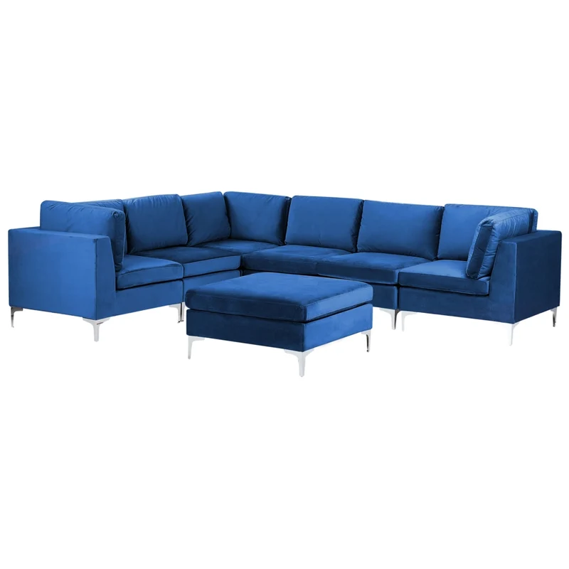 Divano ad angolo modulare versione destra a 6 posti in velluto blu marino con gambe in metallo argentato a forma di L ottomana Stile glamour