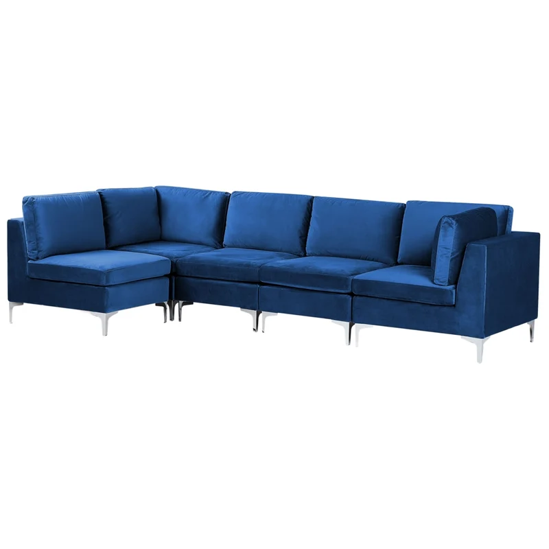 Divano componibile ad angolo versione destra in velluto blu marino a 5 posti con gambe in metallo argento stile glamour