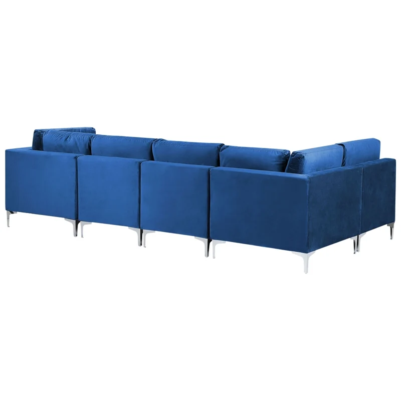 Divano componibile ad angolo versione destra in velluto blu marino a 5 posti con gambe in metallo argento stile glamour