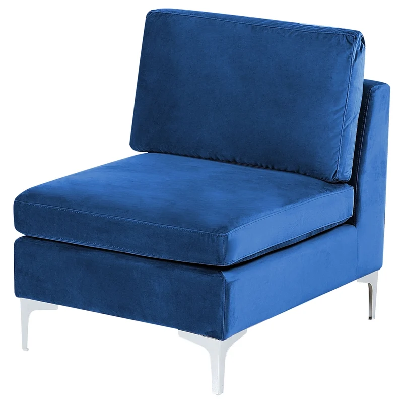 Divano componibile ad angolo versione destra in velluto blu marino a 5 posti con gambe in metallo argento stile glamour