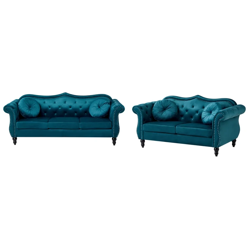 Set da salotto in velluto verde bluastro 2 posti 3 posti braccioli arrotondati cuscini stile glam