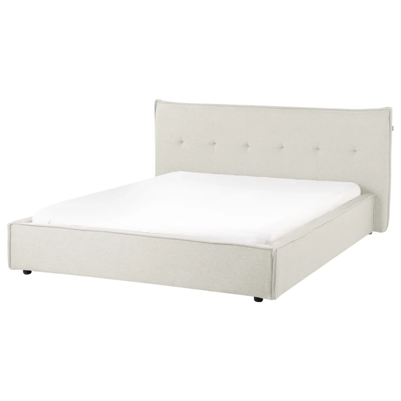 Letto ad acqua king size UE con rivestimento in tessuto di lino bianco sporco e gambe nere 160 x 200 cm con testiera e struttura a doghe per camera da letto.