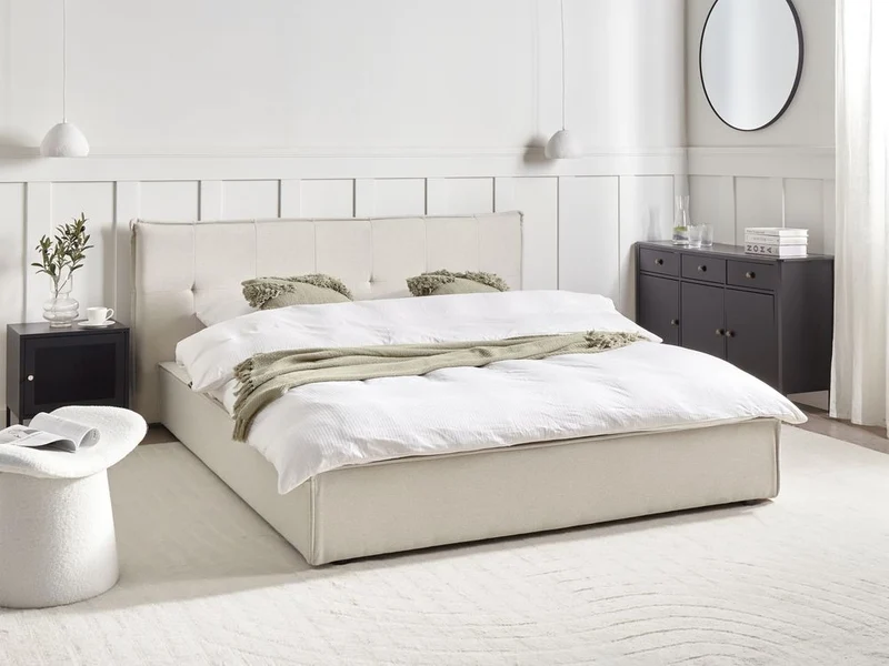 Letto ad acqua king size UE con rivestimento in tessuto di lino bianco sporco e gambe nere 160 x 200 cm con testiera e struttura a doghe per camera da letto.