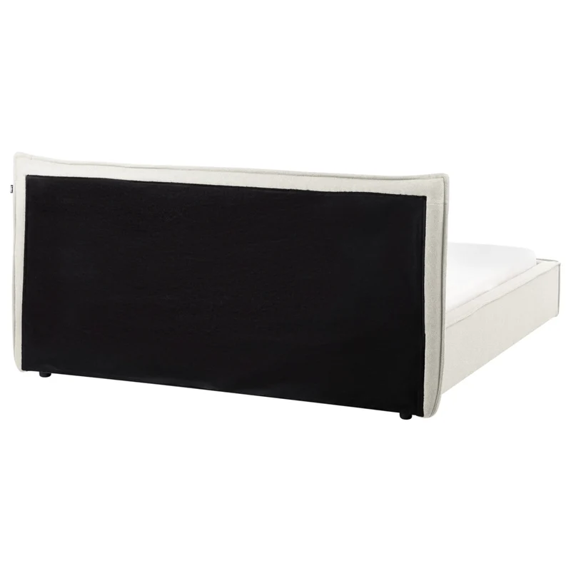 Letto ad acqua king size UE con rivestimento in tessuto di lino bianco sporco e gambe nere 160 x 200 cm con testiera e struttura a doghe per camera da letto.