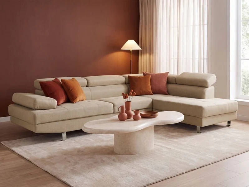 Divano angolare in tessuto beige chiaro con poggiatesta e braccioli regolabili a forma di L