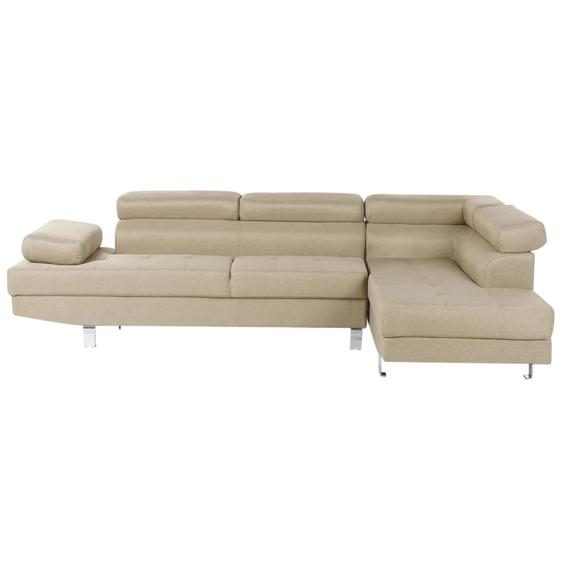 Divano angolare in tessuto beige chiaro con poggiatesta e braccioli regolabili a forma di L