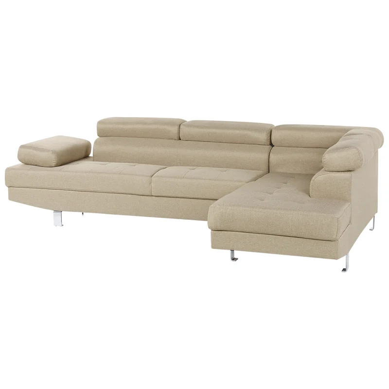 Divano angolare in tessuto beige chiaro con poggiatesta e braccioli regolabili a forma di L