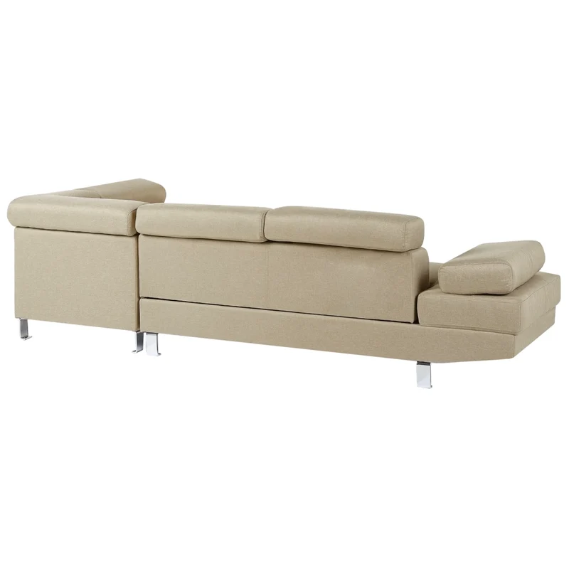 Divano angolare in tessuto beige chiaro con poggiatesta e braccioli regolabili a forma di L