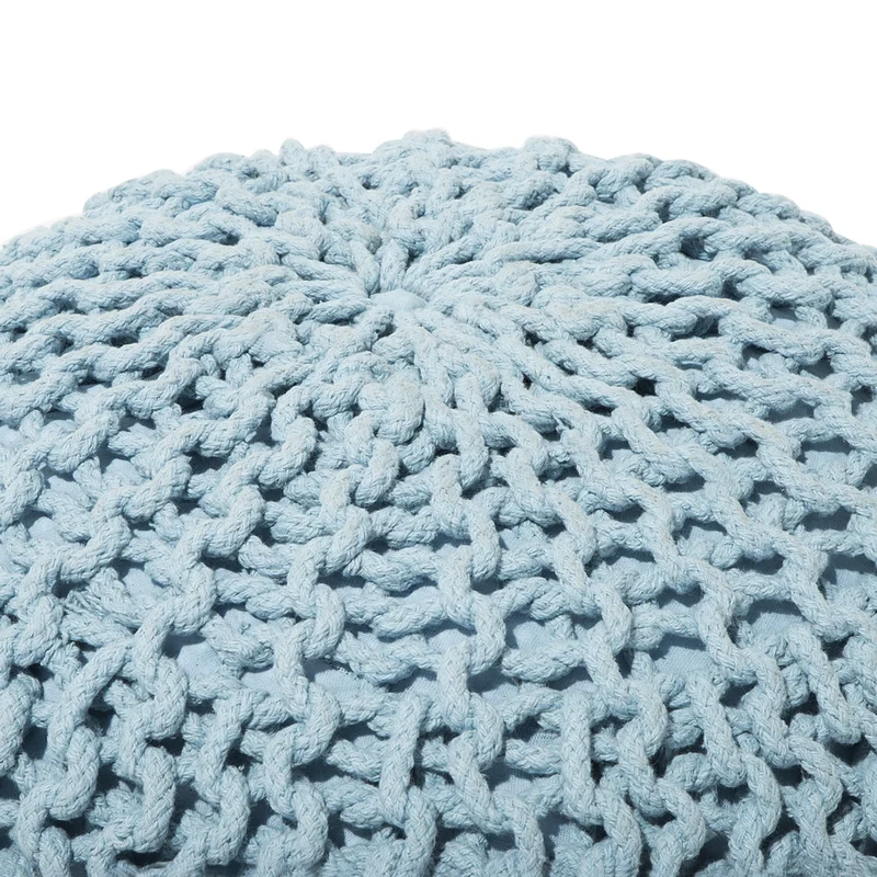 Pouf ottomana azzurro in cotone lavorato a maglia perline EPS riempimento rotondo piccolo poggiapiedi 50 x 35 cm