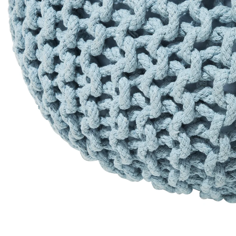 Pouf ottomana azzurro in cotone lavorato a maglia perline EPS riempimento rotondo piccolo poggiapiedi 50 x 35 cm