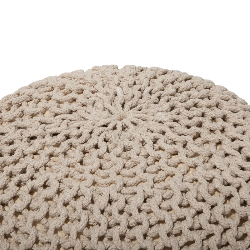 Pouf ottomana beige in cotone lavorato a maglia perline EPS riempimento rotondo piccolo poggiapiedi 40 x 25 cm