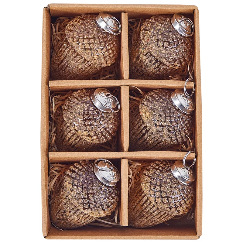 Set di 6 palle di Natale fatte a mano in vetro dorato che appendono le ghiande dell'albero di Natale.