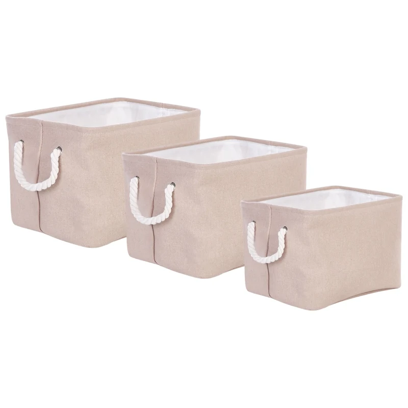 Set di 3 cestini in tessuto di colore beige con manici in corda soggiorno camera da letto