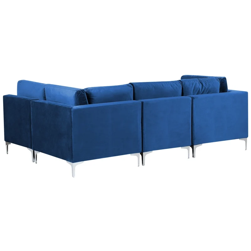 Divano ad angolo componibile versione sinistra a 4 posti in velluto blu marino con gambe in metallo argento stile glamour